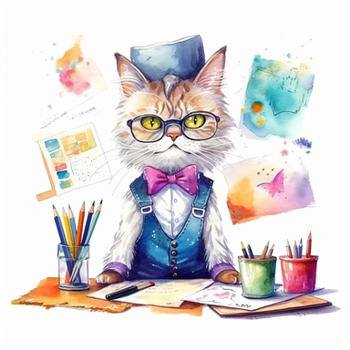 a whimsical watercolor clipart image with a white background, portraying a creative cat in a stylish outfit, brainstorming ideas on a whiteboard, bringing a touch of innovation and inspiration to the office setting.