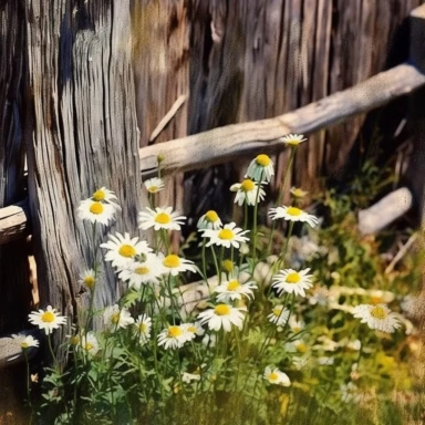 chamomile plant, against a old wood rail fence , clipart, vintage, watercolor style, hyper hd--q2--v5.1