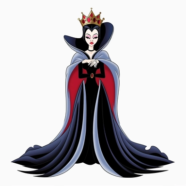 2d thick-lined clipart illustration of an evil but beautiful countess, in the style of 1959's sleeping beauty movie, white background