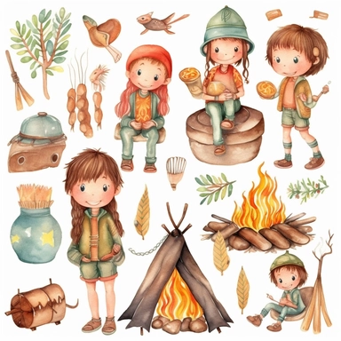 cute kawaii set of 70s retro seamless isolated clipart with hippie boys, dream catcher, watercolor, bonfire, boy and girl sitting by the fire and roasting sausages on a stick