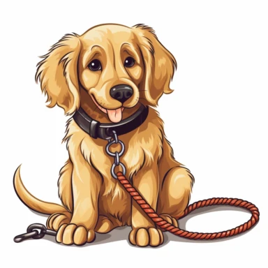 A clipart of a Golden Retriever sitting obediently with a leash in its mouth, ready for a walk, crafted on a white background.