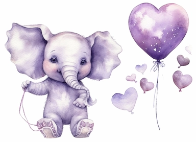 watercolor cute little baby elephant holding a heart-shaped balloon, in the style of light silver and light purple, victorian-inspired illustrations, nature-inspired pieces, 5 sets of clipart of different playful compositions, plush doll art, high resolution, isolated on a white background