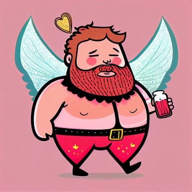 anthropomorphic bearded beer belly man with fairy wings, Beer Cupid, red and pink, cartoon doodle, funny, cute, valentines day art, no words, vector clip art, detailed lines, plain background