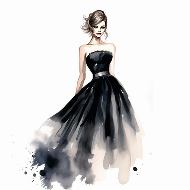 Watercolor full body girl wearing black elegant party dress drawing, illustration clipart, high detailed, white background, digital art