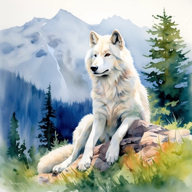 A white wolf sitting proudly, looking off into the camera, with forest and mountains framing the scene, vivid colors, watercolor by Thomas W. Shaller, clipart, solid background, no watermark, 8k
