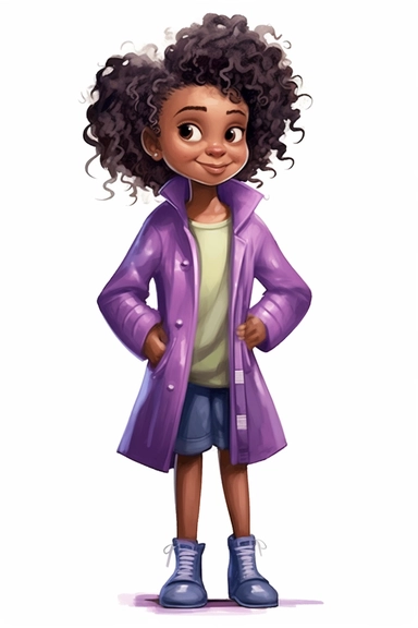 4 year old cartoon Pretty children, cute cartoon black girl with curly hair, wearing purple dress and jacket, smiling with her arms crossed. Pixar childrens book cartoon style, detailed, modern, urban, watercolor, full color, flat color, white background, children book illustration. Watercolor clipart. Pixar animation