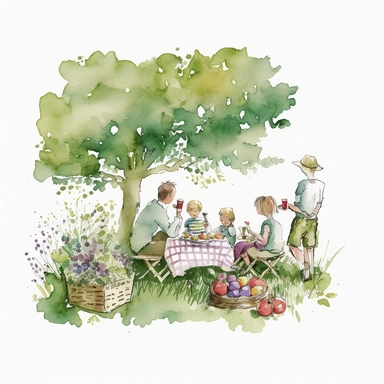 Watercolour family picnic in garden Clipart white background