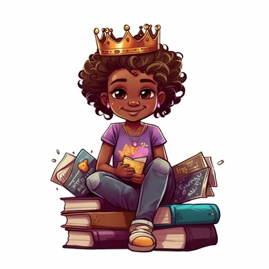 A happy young child (girl afro american) wearing a crown and holding school books, looking cool and friendly, clothes as a queen, sitting on a throne of books, vector style graphic, positive vibe, clipart, single design, white background