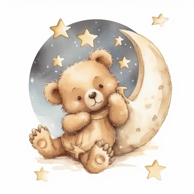 CLIPART, CUTE TEDDY BEAT SLEEPING ON A CRESCENT MOON, NEUTRAL BEIGE COLORS