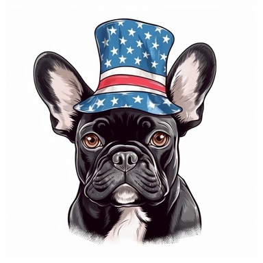 sticker, white background, black pround french bulldog, in style Independence Day in usa, hat with an american flag, clipart