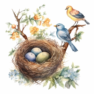 handprinted Watercolor tree and Bird Nests Clipart, flowers, and leaves, 3 eggs on the nest, and the bird sitting beside the nest. mother bird sitting beside of nest.