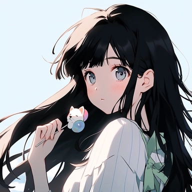 70's anime style, old era retro style, close-up of a girl, 15 years old, long black hair, 37 points bangs, bow hair clip, green V-neck print short sleeve, a lovely white cat on the shoulder, holding a lollipop, sweet, light, Sky background