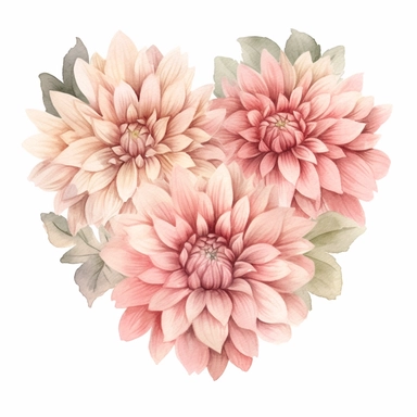 a heart shape made with pink and pastel pink Dahlia flowers, wet on dry watercolour style, antique look, clipart, white background