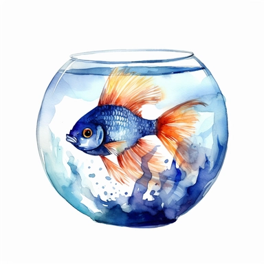 Watercolor fish bowl clipart, white isolated background, space out, hd