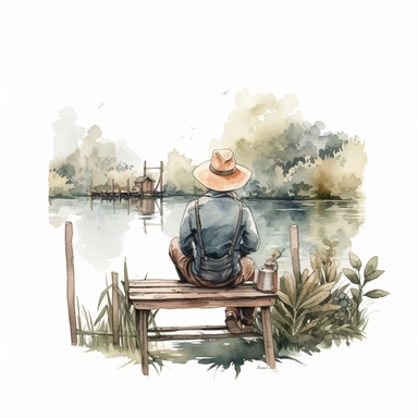 watercolor vintage fishing man sitting on the pier in a lake view surrounded by idyllic greenery, back turned, straw hat fishing clipart, no background, 4K