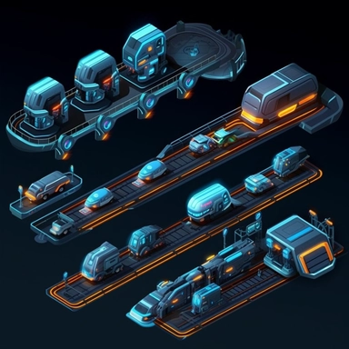 isometric, spritesheet, game assets, futuristic hover train tracks, isometric perspective, game sprite, sci-fi, cute, fun, creative, cartoon, clipart, hyper-detailed, black background