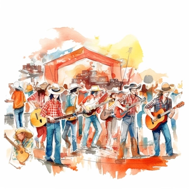A lively country music festival, with live performances by local bands, line dancing, and delicious barbecue food stalls, american style, clipart, watercolor