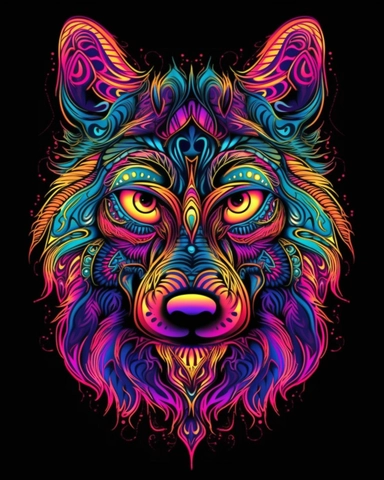 a clipart style Wolf Head made up of mystical shapes and swirls. Vivid colors. Bioluminescent light. Psychedelic style. with empty border.