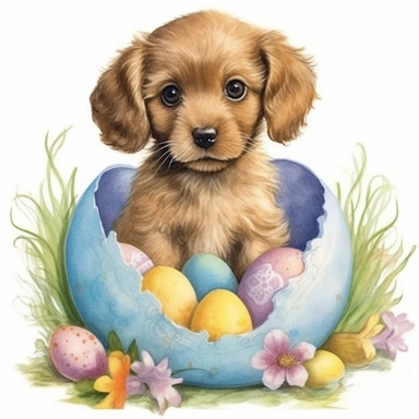 Easter baby puppy, cute, colourful, highly detailed, watercolor, clipart, no signature, no text