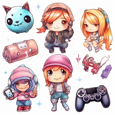 a watercolor Kawaii looking gamer chibi accessoire on white background as clipart. 6 panels with very different items.
