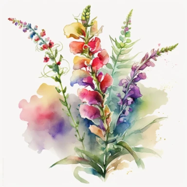 [8376617213] Watercolor clipart. A masterfully crafted watercolor representation of a snapdragon bouquet, conveying a sense of life and energy through the vibrant brushstrokes.. White background. No text. No caption. No logo