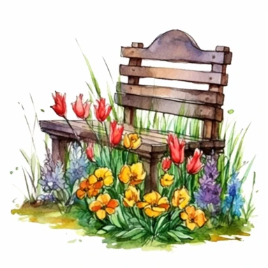 clipart, isolated on white background, Watercolor Spring royal ornated wooden bench with metale handle, flowers and grass and plants, ornated, vivid and vibrant and saturated colors
