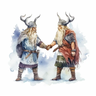 two vikings greeting each other on land watercolor clipart