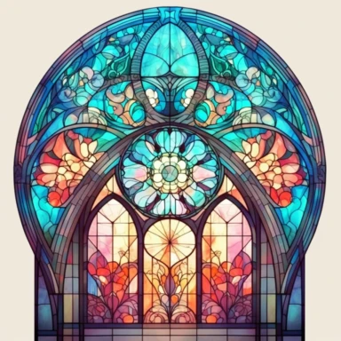 an intricate stained glass window design clipart, in the style of pastel gothic, #screenshotsaturday, reimagined religious art, multiple shapes,islamic art and architecture, watercolor illustrations, no background, vibrant colors, sunshine coming in through the glass