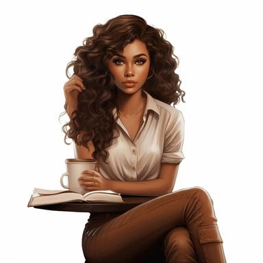 ethnic, curly dark brown hair, caramel skin tone, full lips, almond shaped eyes, silk blouse, sitting down, reading a book, cafe setting, white background, clipart