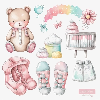 Cute baby clipart watercolor set, pacifier, socks, romper, bib