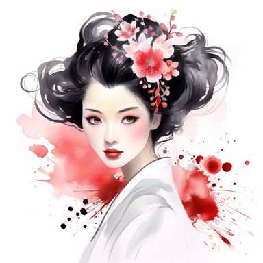 Illustrate a watercolor clipart portrait of a Geisha with a modern twist, incorporating contemporary elements into the traditional Geisha attire and hairstyle, clipart, white background