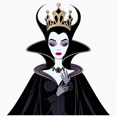 2d partially lined clipart illustration of an evil but beautiful queen, in the style of 1959's sleeping beauty movie, white background