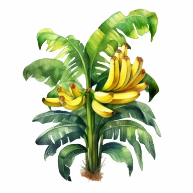 One banana tree Watercolor Clipart On a white background , detailed background elements, playful and colorful depictions , no watermark, text, words, paintbrush, typography, the images do not stick together On a white background , in the style of jane newland, detailed background elements, playful and colorful depictions , no watermark, text, words, paintbrush, typography, the images do not stick together