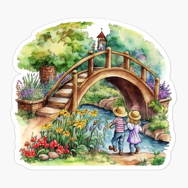watercolor colorful watercolor artwork depicting a picturesque garden scene during the summertime. The bridge itself is a rustic wooden structure with arched beams and railings, spanning over a babbling brook. children playing clipart sticker
