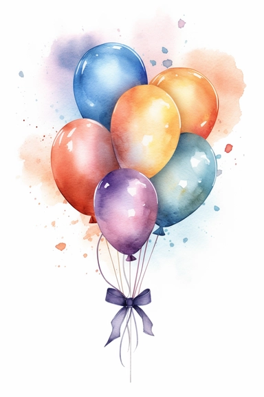 6 different watercolor balloon bundles tied with ribbons, clipart, hd, isolated, spaced out, on white background,