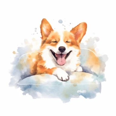 Cuddly Corgi lounging on a fluffy cushion, with a contented smile on its face, enjoying a moment of relaxation, white background, watercolor clipart.