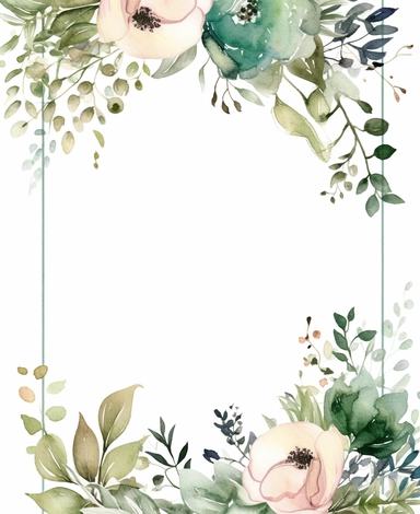 rectangle floral frame, thin border, green flowers and leaves, minimal with white space in middle, clipart, watercolor flowers, hand drawn, white background, clipart,