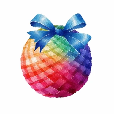 A Christmas ball and Bow, full color, knitted painting texture, Perfect for nursery art and children's book illustration style, simple, cute, full color, clipart, watercolor illustration, single object, high definition 8k, white background for removing background
