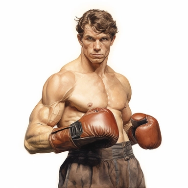 A beautifully illustrated victorian pulp fiction male fighter in varying hues ,wearing boxing gloves and muscular, muscles, octane render, hyperrealistic, stunningly handsome, refined and sophisticated, Hand drawn, roberto ferri ,realistic watercolor, Clipart, watercolor, white background, intricate detail