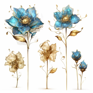 large gold and glass flowers, in the style of nature-inspired installations, delicate ink washes, Blue and cyan, detailed miniatures, mosaics, organic texture, nature-inspired imagery, clipart set, white background, 4 flowers