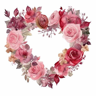 isolated detailed floral pink to dark red ring in a shape of a heart, watercolor clipart, white background