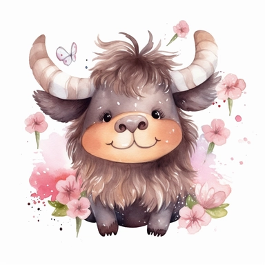 watercolour Happy Buffalo Cartoon Clipart, Cute, no text