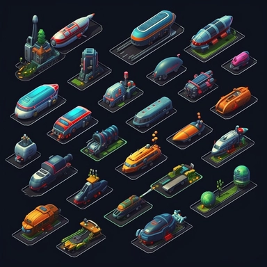 isometric, spritesheet, game assets, futuristic hovering trains, isometric perspective, game sprite, sci-fi, cute, fun, creative, cartoon, clipart, hyper-detailed, black background