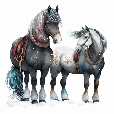 dark academia, horses, snow, fairytale, Christmas, swedish folk art, watercolor, white background, clipart
