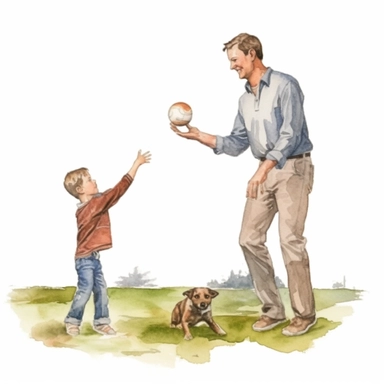 A father and son playing catch with a baseball or football, Watercolor, Clipart, transparent background PNG