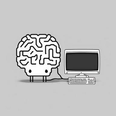 a computer with a code brain on monitor. Beautiful, flat clipart style, black and white, round image borders, light academia aesthetics, pexels contest winner, cute manga style, slightly abstract, slightly surreal, slightly humorous