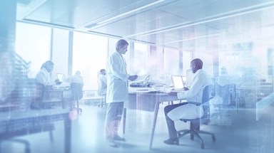 Create a compelling image of a Phase IV clinical trial in progress. The scene should be set in a state-of-the-art laboratory with scientists in white coats, analyzing data and discussing results. The focus should be on a scientist holding a clipboard with a graph showing promising results. The lighting should be bright and even, highlighting the scientist and the clipboard. The colors should be sterile and scientific - whites, blues, and metallic greys. Use a Sony A7R IV with a 24-105mm lens for