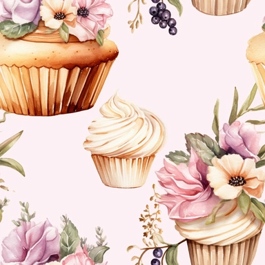 Draw a watercolor-style clip art images that feature objects related to an aesthetic adorned with floral designs. The images should have aesthetic, and should incorporate elements such as watercolor [gold] cupcake item collection, isolated on a white background, gourmet, classy, simple, graphics, clipart, procreate, 8k, 3D, realistic ipated with floral leaf designs, in the style of organic forms, muted tones, victorian-inspired illustrations, taxidermy, intricate patterns and details, ingrid baa