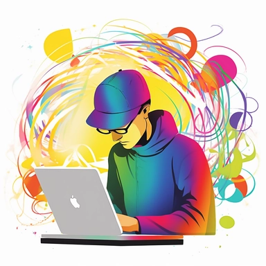 a simple vector 2d web illustration of a graphic designer wearing a cap working on laptop, 3d icon on white, in the style of kodak colorplus, illustration style, colorful geometry, color photography pioneer, subtle lighting, toyo ito, multi-layered color fields, soft pastel colors, vector, svg clipart, 3d, UHD, realistic shading, unreal engine 5, 3d icon