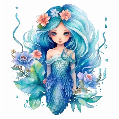 Clipart cute mermaid in full body with fish tail and pretty flowers, fairytale, underwater world, beautiful composition, watercolor paints, isolated objects on white background, imaginative, beautiful colors, turquoise, light blue, royal blue, fairytale, k8